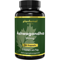 Produktbild von plantomol Basics Ashwagandha Kapseln mit 1950 mg Ashwagandha-Extrakt pro Tag vegan und ohne Zusatzstoffe 180 Kapseln