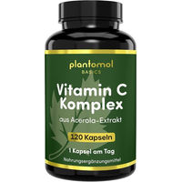 Produktbild von plantomol Basics Vitamin C Kapseln mit Acerola und Hagebutte, zuckerfrei und ohne Zusatzstoffe, 120 Kapseln