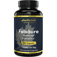 Produktbild von plantomol Essentials Quatrefolic Folsäure Kapseln 400µg bioaktives L-5-Methyltetrahydrofolat vegan ohne Zusatzstoffe 180 Kapseln