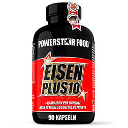 Powerstar Food EISEN PLUS 10 – Hochdosiertes Eisen mit Jod und Vitaminen, 90 Kapseln, vegan, glutenfrei und laktosefrei – Bild 1 von 6