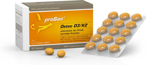 proSan Osteo D3/K2 Kapseln mit Vitamin D3 1000 IE 60 Kapseln – Bild 1 von 2
