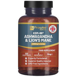 Prowise Healthcare KSM-66 Ashwagandha und Löwenmähne Tabletten mit schwarzem Pfeffer, 2200 mg, 120 vegane Tabletten – Bild 1 von 3