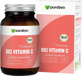 PURABYO BIO Vitamin C Kapseln mit Acerola und Hagebutte vegan 120 Stück – Bild 1 von 3