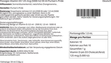Puritan's Pride Vitamin D3 5000 IE 125 mcg Tropfen 59 ml – Bild 1 von 2