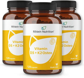 R(h)ein Nutrition Vitamin D3 + K2 Osteo Kapseln mit 2000 I.E. Vitamin D3 und 80 µg Vitamin K2 für Senioren und Frauen – Bild 1 von 2