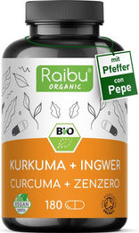 RAIBU Bio Kurkuma Kapseln mit Ingwer und Pfeffer, vegan und ohne Zusatzstoffe, 180 Stück – Bild 1 von 1