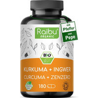 Produktbild von RAIBU Bio Kurkuma Kapseln mit Ingwer und Pfeffer, vegan und ohne Zusatzstoffe, 180 Stück
