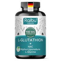 Produktbild von Raibu L-Glutathion Kapseln hochdosiert mit NAC, Alpha-Liponsäure und L-Glycin vegan und ohne Zusatzstoffe