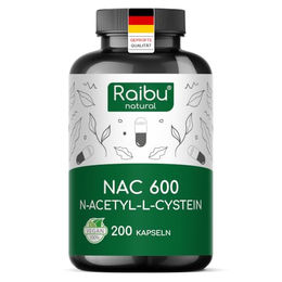 Raibu NAC Acetyl-L-Cystein 600 mg Kapseln 200 Stück vegan glutenfrei laktosefrei – Bild 1 von 6