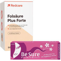 Produktbild von Redcare Folsäure Plus Forte Kapseln für Schwangere und Stillende sowie Be Sure Schwangerschaftstest