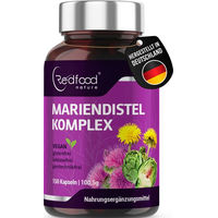 Produktbild von Redfood Mariendistel Komplex Kapseln mit Artischocke, Löwenzahn und Desmodium, 80% Silymarin, 150 vegane Kapseln, ohne Zusatzstoffe, laborgeprüft