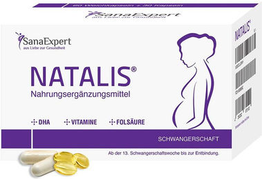 SanaExpert Natalis Kombipräparat mit Quatrefolic Folsäure und DHA in Kapseln für Schwangere und Stillende, vegetarisch, laktosefrei und glutenfrei – Bild 1 von 1