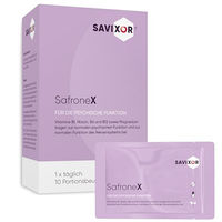 Produktbild von Savixor SafroneX Nahrungsergänzungsmittel mit Safran-Extrakt, Vitaminen, Magnesium und Zink in Sticks, 10 x 5 g
