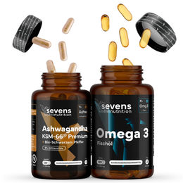 Sevens Nutrition Ashwagandha KSM-66 600 mg und Omega 3 2000 mg Set mit EPA DHA 240 Kapseln glutenfrei und laktosefrei – Bild 1 von 2