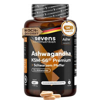 Produktbild von Sevens Nutrition Ashwagandha KSM-66 Kapseln 600 mg mit 5% Withanolide und Piperin 120 Kapseln vegan glutenfrei laktosefrei