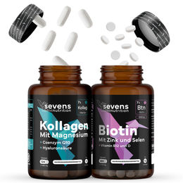 Sevens Nutrition Beauty-Kollagen-Kombi Set mit Biotin 10.000 mcg, Kollagen Hydrolysat, Magnesium, Hyaluronsäure und Q10 – 365 Tabletten Biotin und 120 Tabletten Kollagen, glutenfrei und laktosefrei – Bild 1 von 3