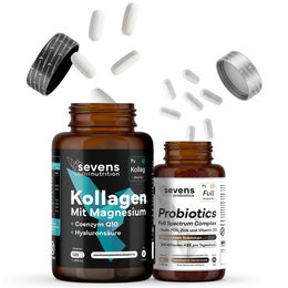 Sevens Nutrition Beauty-Kollagen-Kombi Set mit Kollagen Hydrolysat, Hyaluronsäure, Q10 und Probiotika 200 Mrd. KBE, 180 Stück, glutenfrei und laktosefrei – Bild 1 von 3