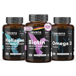 Sevens Nutrition Beauty Pack mit Biotin 365 Tabletten, Kollagen Komplex 120 Tabletten und Omega 3 Fischöl 120 Perlen – Bild 1 von 2