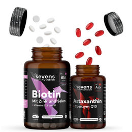 Sevens Nutrition Biotin 10.000 mcg mit Zink und Selen 365 Tabletten sowie Astaxanthin 8 mg mit Q10 60 Softgel Kapseln Set glutenfrei und laktosefrei – Bild 1 von 4