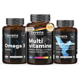 Sevens Nutrition Energie Pack mit Multivitamin 365 Kapseln, Magnesium Komplex 180 Tabletten und Omega 3 Fischöl 120 Perlen – Bild 1 von 2