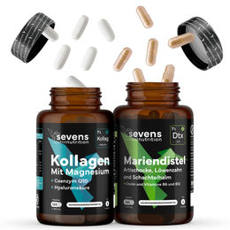 Sevens Nutrition Kombi-Set: Kollagen Hydrolysat Tabletten mit Hyaluronsäure und Q10 sowie Mariendistel Kapseln mit Artischocke und Löwenzahn, glutenfrei und laktosefrei – Bild 1 von 3
