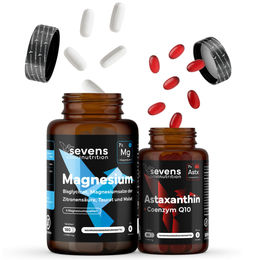 Sevens Nutrition Magnesium Komplex 4 in 1 und Astaxanthin 8 mg mit Q10 Set aus 180 Tabletten und 60 Softgel Kapseln für Sportler glutenfrei und laktosefrei – Bild 1 von 3