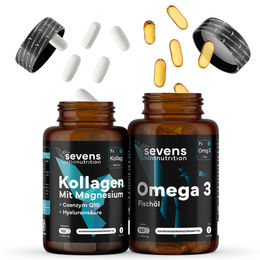 Sevens Nutrition Set aus Kollagen Hydrolysat mit Hyaluronsäure und Q10 sowie Omega 3 Fischöl 2000 mg – 120 Tabletten und 120 Kapseln, glutenfrei und laktosefrei – Bild 1 von 3