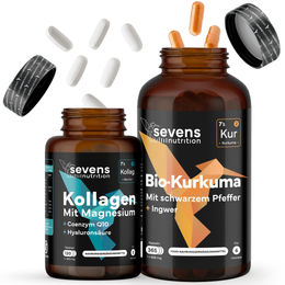 Sevens Nutrition Set: Kollagen Hydrolysat mit Hyaluronsäure und Q10 (120 Tabletten) sowie Kurkuma mit Ingwer und Pfeffer (365 Kapseln), glutenfrei und laktosefrei – Bild 1 von 1