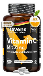 Sevens Nutrition Vitamin C 1000 mg mit Zink, Bioflavonoiden und Hagebutte, 180 Tabletten, vegan, laktosefrei und glutenfrei – Bild 1 von 6