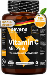 SEVENS NUTRITION Vitamin C Tabletten 1000 mg mit Acerola und Hagebutte vegan laktosefrei glutenfrei 180 Stück – Bild 1 von 3