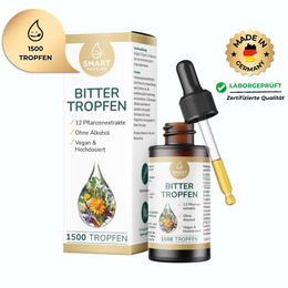 Smart Fasting Bittertropfen mit Kräuter-Komplex aus 12 Pflanzenextrakten, alkoholfrei, vegan, hochdosiert, 50 ml (1500 Tropfen) – Bild 1 von 3