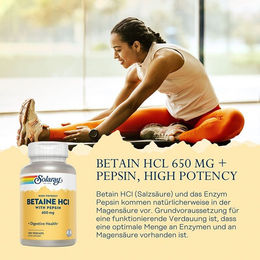 Solaray Betain HCl 650 mg und Pepsin 162 mg Kapseln glutenfrei 100 Stück – Bild 1 von 2