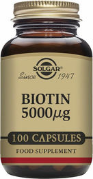 Solgar Biotin Nahrungsergänzungsmittel für Erwachsene 5000 mcg vegetarische Kapseln 100 Stück – Bild 1 von 3