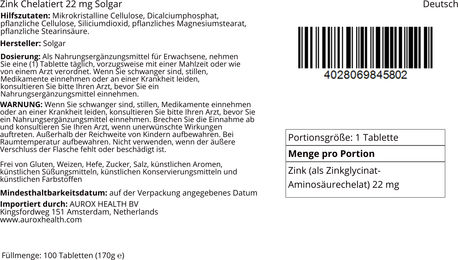 Solgar Zink Bisglycinat 22 mg Tabletten 100 Stück – Bild 1 von 1