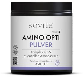 Sovita Amino Opti Pulver mit 9 essenziellen Aminosäuren und BCAA, Vitamin B6, vegan und zuckerfrei, Zitrone, 450 g – Bild 1 von 2