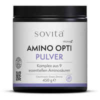 Produktbild von Sovita Amino Opti Pulver mit 9 essenziellen Aminosäuren und BCAA, Vitamin B6, vegan und zuckerfrei, Zitrone, 450 g
