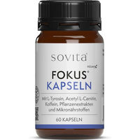 Produktbild von sovita Fokus Kapseln mit Koffein, Vitamin B12, L-Tyrosin, Acetyl-L-Carnitin, L-Theanin und Zink, vegan, 60 Kapseln
