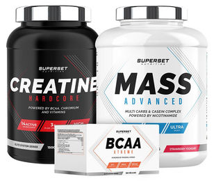Superset Nutrition Masseaufbau Programm mit Mass Advanced Erdbeer-Joghurt 2,5kg Creatin Hardcore Tropical 1,5kg und BCAA Xtreme Pulver – Bild 1 von 3