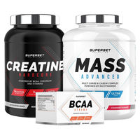 Produktbild von Superset Nutrition Masseaufbau Programm mit Mass Advanced Erdbeer-Joghurt 2,5kg Creatin Hardcore Tropical 1,5kg und BCAA Xtreme Pulver