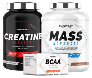 Superset Nutrition Masseaufbauprogramm Mass Advanced Choco Nut 2,5kg Creatine Hardcore Ice Tea Peach 1,5kg und BCAA Xtreme Kapseln – Bild 1 von 2