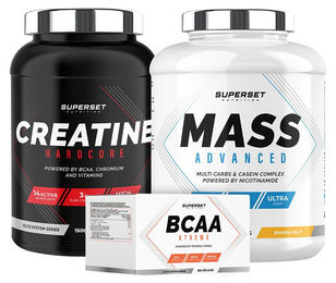Superset Nutrition Masseaufbauprogramm mit Mass Advanced 2,5kg Banana Split, Creatine Hardcore 1,5kg Ice Tea Peach und BCAA Xtreme Pulver – Bild 1 von 3