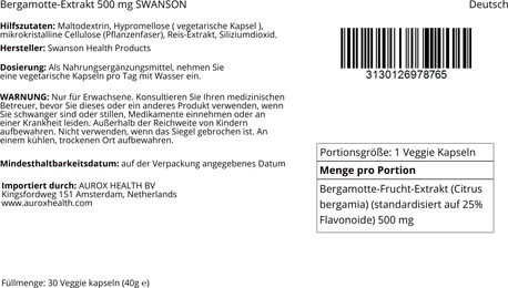 Swanson Bergamotte-Extrakt 500 mg 30 vegetarische Kapseln – Bild 1 von 1