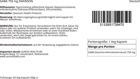 Swanson GABA 750 mg vegetarische Kapseln 60 Stück – Bild 1 von 1