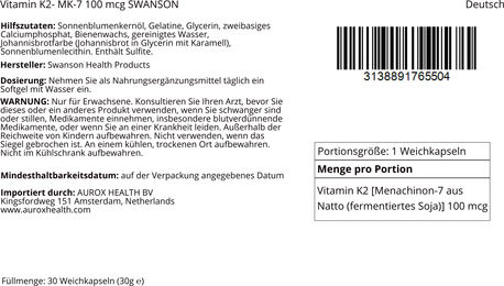 Swanson Vitamin K2 MK-7 100 mcg Weichkapseln 30 Stück – Bild 1 von 1
