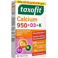 Produktbild von Taxofit Calcium 950 mit Vitamin D3 und K Tabletten 30 Stück glutenfrei und laktosefrei für Frauen