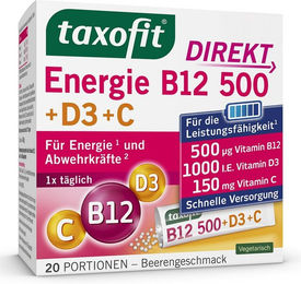 Taxofit Energie B12 mit Vitamin D3 und Vitamin C Granulat für Erwachsene 20 Stück – Bild 1 von 2