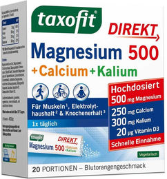 taxofit Magnesium 500 mg Calcium Kalium Komplex Pulver für Sportler und Erwachsene 20 Stück – Bild 1 von 3