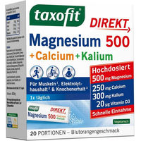 Produktbild von taxofit Magnesium 500 mg Calcium Kalium Komplex Pulver für Sportler und Erwachsene 20 Stück