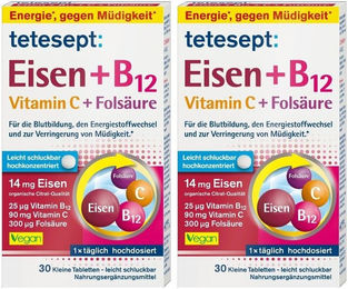 tetesept Eisen Citrat mit Vitamin B12, Vitamin C und Folsäure Tabletten laktosefrei und glutenfrei 60 Stück – Bild 1 von 1