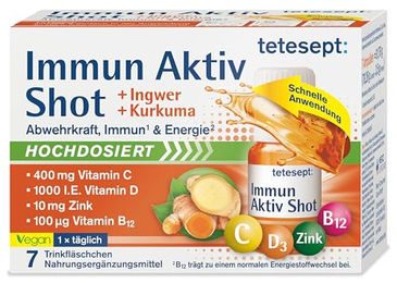 tetesept Immun Aktiv Kurkuma-Ingwer Shot Trinkampullen mit Vitamin D, C, B12 und Zink 7 Stück vegan glutenfrei laktosefrei – Bild 1 von 2